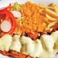 Camarones Gratinados · Shrimp wrapped with bacon and topped with melted mozzarella cheese. Served with rice, salad,...