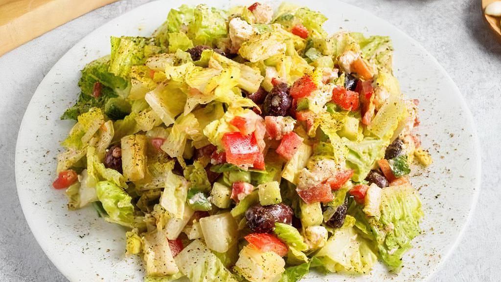 Greek Salad · Chopped romaine, cucumber, tomato, kalamata olives, bell pepper, and imported sheep’s feta cheese (gf)