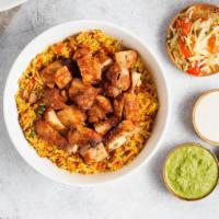 Rice Bowl w/ Chicken Skewer · Turmeric spiced Basmati rice simmered with tomatoes, garlic, onions, mint, and parsley. Topp...