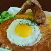 Big Brother *   大哥大豬扒飯 · 大哥大豬扒飯
Pork cutlet, chicken wing, fried egg with red & white sauce.