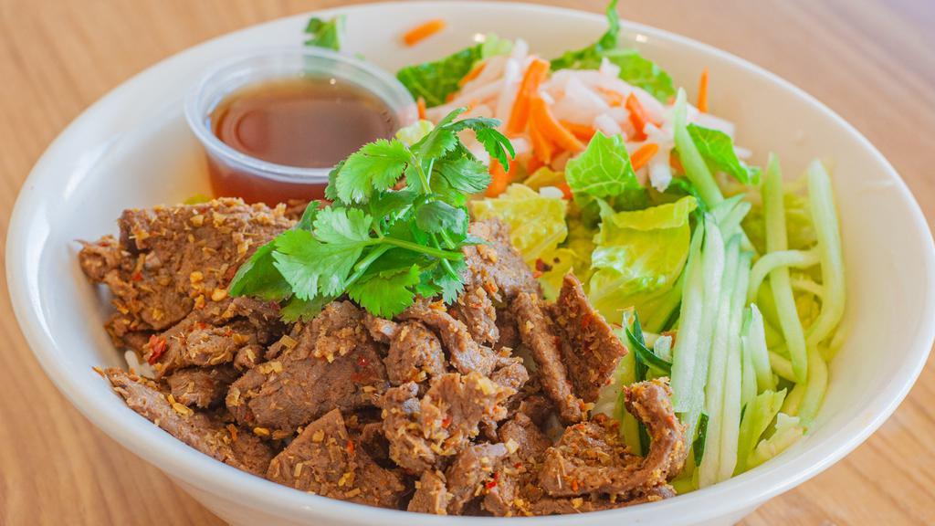 Grilled Mock Beef · Your choice of rice or noodles comes with organic romaine heart lettuce, bean sprouts, shredded cucumber, Vietnamese vegetable pickles, topped with chopped roasted peanuts served with vinaigrette gluten free soy sauce.