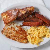 Toast Combo (No Substitutions) · Two eggs any style, two pancakes or french toast and choice of bacon, bacon, chicken apple s...