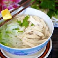 8. Boneless Chicken Noodle Soup · White rice noodles with shredded chicken & chicken broth topped with green onions and served...