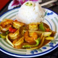55. Saute Curry · Choice of meat (Chicken, Beef, Shrimp) and sautéed yellow curry with coconut milk and bell p...