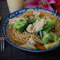 68. Saute Crispy Noodles with Vegetables · Stir fry with a choice of meat and assorted vegetables over crispy egg noodles.