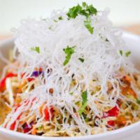Chinese Chicken Salad · Grilled soy marinated chicken, shredded cabbage, red bell peppers, crispy rice noodles, cila...