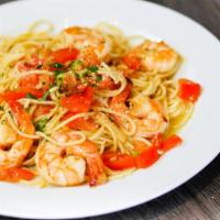 Shrimp Scampi Pasta · Garlic, shallots, white wine, tomatoes, lemon, parsley, spaghetti pasta.
