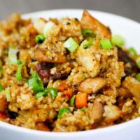 Fried Rice · Choice of beef, chicken, bbq pork, shrimp, or spam, soy sauce, egg, carrots, peas, green oni...
