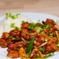 Kung Pao Chicken · Dried chilies, onions, water chestnuts, roasted peanuts, kung pao sauce, steamed jasmine rice.