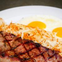 NY Steak & Eggs · 9 ounce cut, two eggs, hash browns, choice of white or wheat toast.