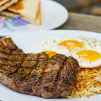 Ribeye Steak & Eggs · 16 ounce cut,  three eggs, hash browns, choice of white or wheat toast.