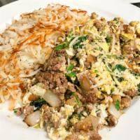 Joe's Special · Ground beef, spinach, eggs, onions, parmesan, hash browns, choice of white or wheat toast.