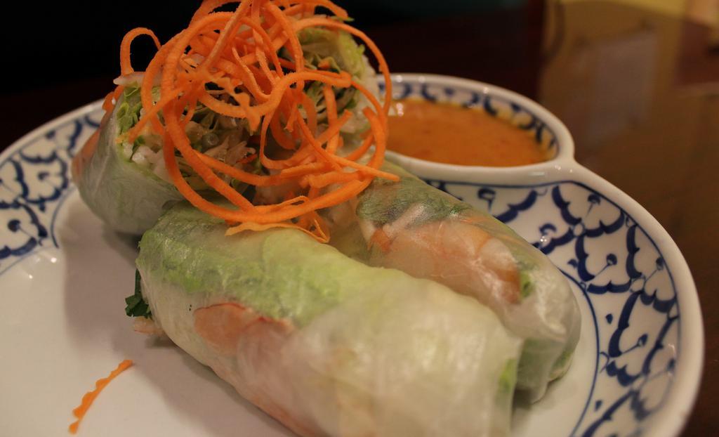 Fresh Rolls · Gluten free. Rice paper rolls with vegetables and rice noodles served with peanut sauce (Gluten Free)
