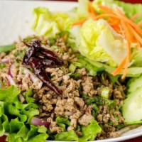 Larb Tao Hoo (Tofu Salad) · Spicy. Fried tofu with red onions, mint leaves, cilantro, and roasted rice in lime dressing.