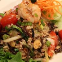 Yum Woon Sen · Spicy. Silver noodle salad with ground pork and shrimp, mixed with black fungus, onions, chi...
