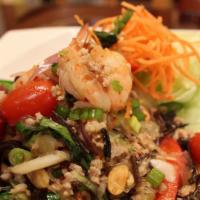 Vegetarian Yum Woon Sen · Vegetarian and Spicy. Silver noodle salad with tofu, black fungus, onions, chili, and lime d...