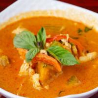 Pumpkin Curry · Gluten free, spicy. Red curry with pumpkin, red bell peppers, and fresh basil and choice of ...