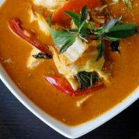 Gang Dang (Red Curry) · Red curry with zucchini, eggplants, red bell peppers, and fresh basil and choice of chicken,...