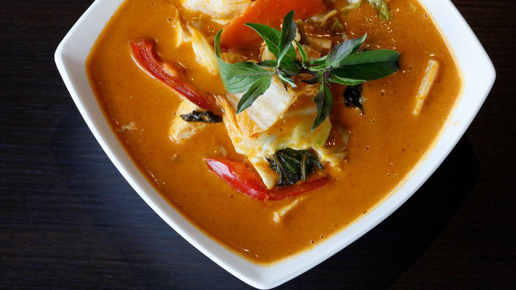Gang Dang (Red Curry) · Red curry with zucchini, eggplants, red bell peppers, and fresh basil and choice of chicken, beef or pork. Serve with Jasmine Rice (Sub Brown Rice +1) (Gluten free)