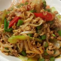 Chai Thai Noodles · Gluten free. Stir-fried rice noodle with ground chicken, onions, diced green beans, and red ...