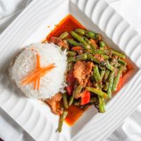 Prig King · Sauteed green beans, chilli paste, red bell peppers, and basil with choice of chicken, beef,...