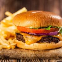 The Cheeseburger · 8 oz Fresh angus chuck patty with cheddar cheese, lettuce, tomato, onion, pickle, mayou and ...
