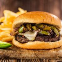 The Mexicali Burger · 8 oz Fresh angus chuck patty with lettuce, grilled onion, grilled jalapenos, pepperjack chee...