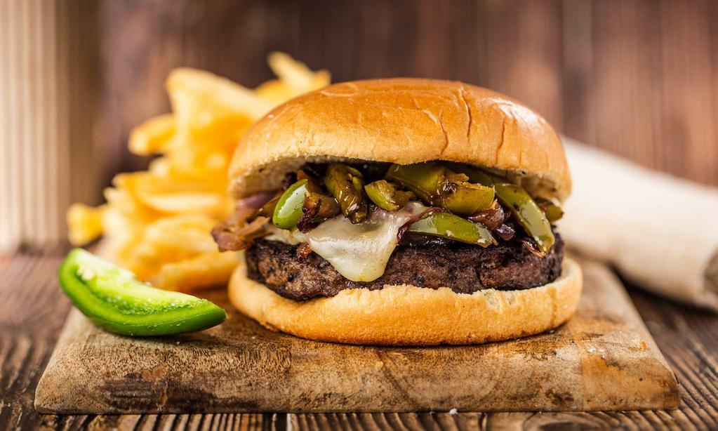 The Mexicali Burger · 8 oz Fresh angus chuck patty with lettuce, grilled onion, grilled jalapenos, pepperjack cheese, and mayo on a brioche bun.

Upgrade to 1 8oz. Stock Yards USDA Prime Steak Burger Patty for $10