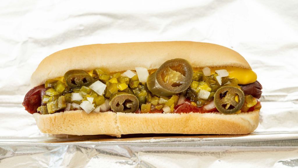 OG Dog · Original style plantbased hotdog with choice - ketchup, mustard, onion, relish jalapeños.