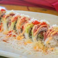 R7-crunchy Rainbow Roll · Inside: spicy tuna, cucumber. outside: fresh salmon, tuna, avocado, masago with spicy mayo, ...