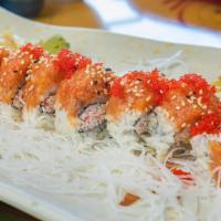 R3-spicy Salmon Roll · Inside: spicy seasoned salmon, cucumber. spicy. outside: masago, fresh salmon and sesame seed
