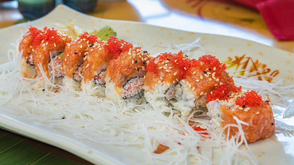R3-spicy Salmon Roll · Inside: spicy seasoned salmon, cucumber. spicy. outside: masago, fresh salmon and sesame seed