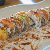 R5-tempura Roll · Inside: fried shrimp, cucumber. outside: cooked shrimp, avocado unagi sauce and sesame seed.