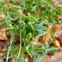 Organic Chicken Flat Bread · Mozzarella cheese, roasted bell peppers, red onions and baby arugula