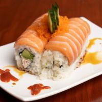 Lionking · baked salmon, avo, crab meat, masago, cucumber w/ eel and yellow sauces (torched)
