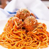 Spaghetti Meets Ball · house pomodoro sauce, olive oil ,basil and meatballs cooked with your choice of pasta.