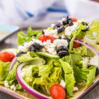 Greek Salad · Romaine lettuce with  cucumbers, red onions, kalamata olives, cherry tomatoes, feta cheese a...