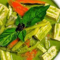Green Curry · Green Curry sauce, dice bamboo shoots, carrots,  and tofu. 
Choice of meat $ optional, recom...