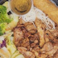 Grilled Chicken Vermicelli BOWL · Comes with Egg Roll and side salad.