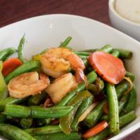Green Bean · Sauteed green bean, bell pepper, ginger, and carrot. Served with rice.