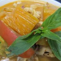 Pumpkin Curry · Red curry, with coconut milk, zucchini, pumpkin and Thai sweet basil.