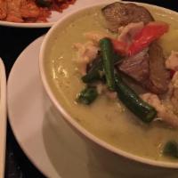 Green curry eggplant · Choice of chicken, pork, tofu, or Beef*,prawns* simmered in green curry with coconut milk, g...