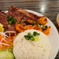 40.  Grilled Shrimps & Grilled Pork Chop with Steamed Rice & Vegetables/Cơm Tôm Sườn Nướng  · 