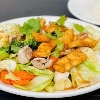 #45. Cơm Xào Chay · Stir-fried vegetables with steam rice