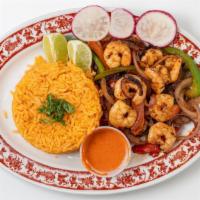 Shrimp Plate · Birria, rice, beans, tortillas.