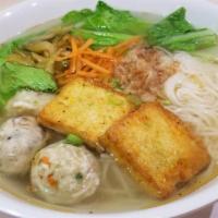 Rice Noodle Soup with Phish Balls · Thin rice noodle with vegan Phish balls, bok choy, celery, onion and pickled radish.