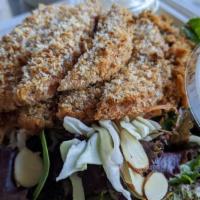 Crispy Patty with Brown Rice · Soy patties coated with crispy organic bread crumb, house sauce. Served with organic mixed g...