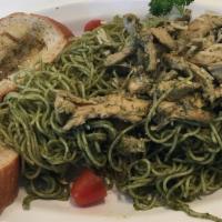 Pesto Pasta with Grilled Strips · Basil, garlic, olive oil, pine nuts, walnuts, vegan parmesan cheese, vegan strip, fresh toma...