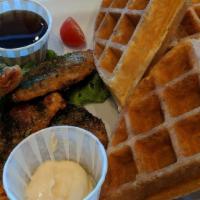 Waffle Nugget · Waffle, veg. Soy protein nuggets, salad, maple syrup and vegan butter.