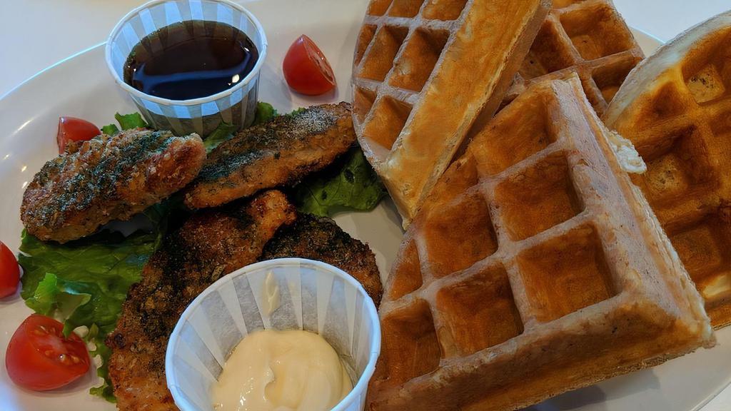 Waffle Nugget · Waffle, veg. Soy protein nuggets, salad, maple syrup and vegan butter.